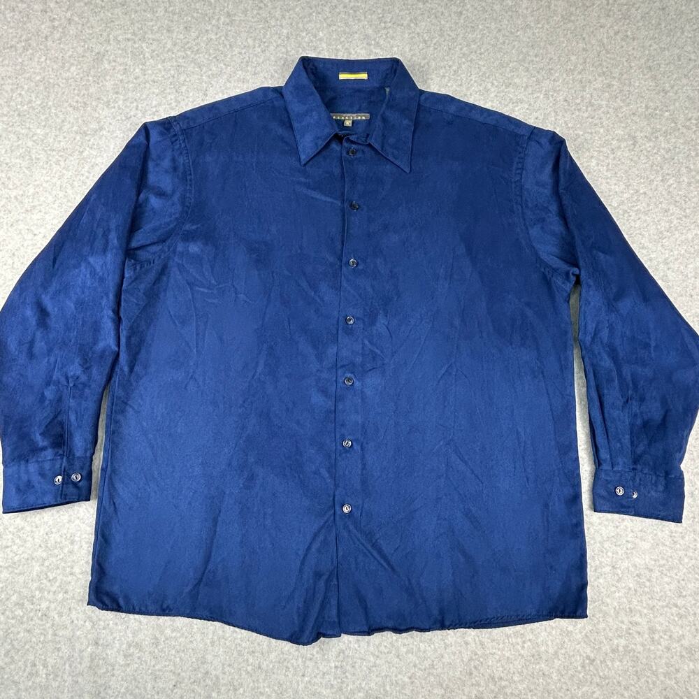 Kenneth Cole Reaction Shirt Mens XL 17.5 Blue Button Up Long Sleeve Faux Suede